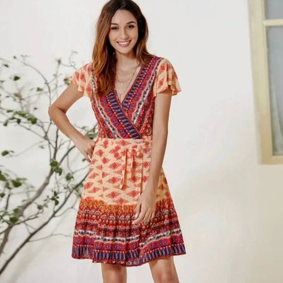 Zesica women's M bright and bold boho print true wrap dress EUC - Picture 1 of 9